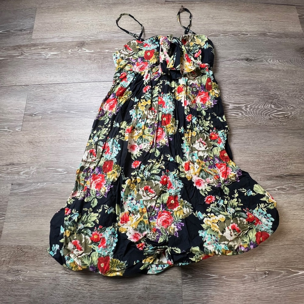 Fire Los Angeles Floral‎ Mini Dress Womens Medium Black Boho Smocked Sun Dress